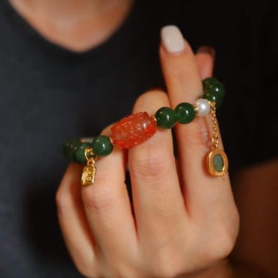 Hetian Jade and Red Agate Tibetan Totem Bracelet