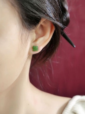 Hetian Jade Lucky Clover Ear Studs-18K gold