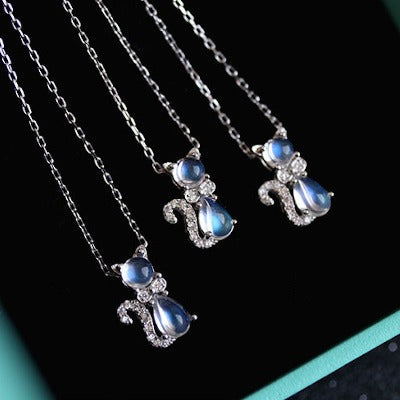 Sterling Silver Cute Cat Moonstone Necklace