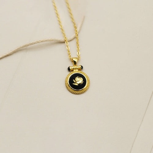 Black Enamel Rose Pendant Necklace