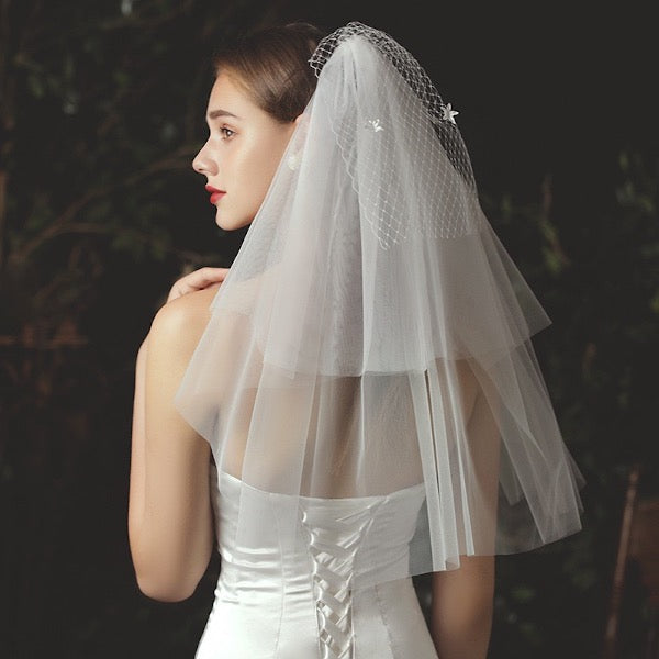 Elegant Three-tire Bride Veil with Face Cover Net