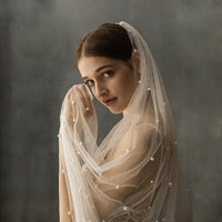 Cathedral Long Bridal Veil with Pearls n Lace Flowers