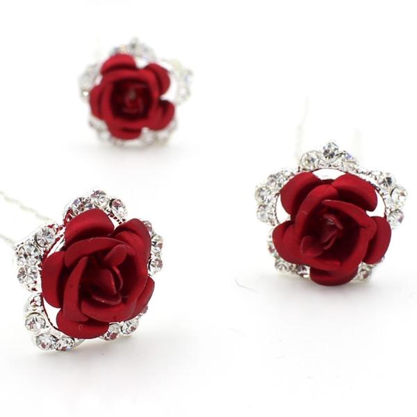 Romantic Red Rose Bridal Hairpins-One set of 8