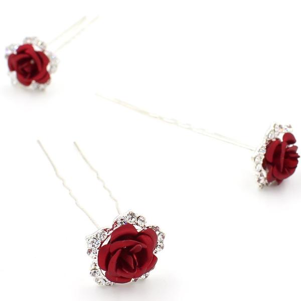 Romantic Red Rose Bridal Hairpins-One set of 8