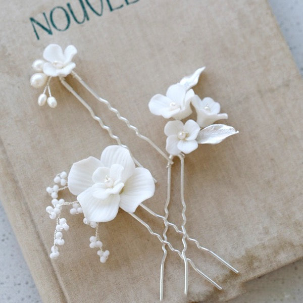 Ceramic Flowers Bridal Hairpins-One set of 3