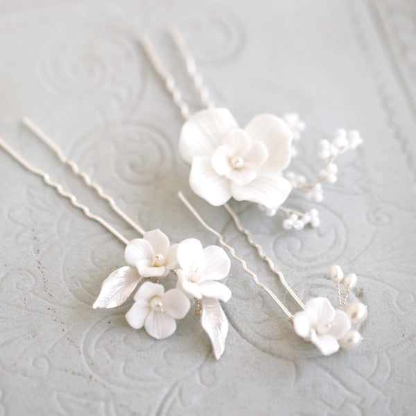 Ceramic Flowers Bridal Hairpins-One set of 3