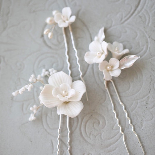 Ceramic Flowers Bridal Hairpins-One set of 3