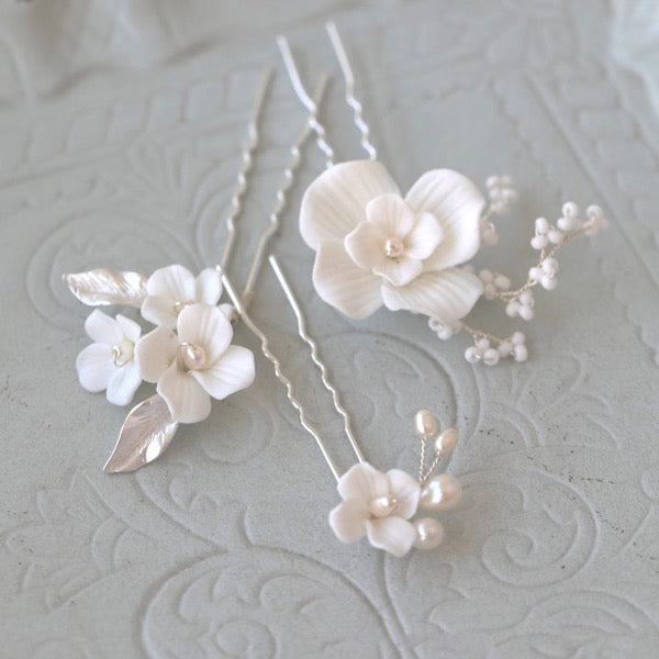 Ceramic Flowers Bridal Hairpins-One set of 3