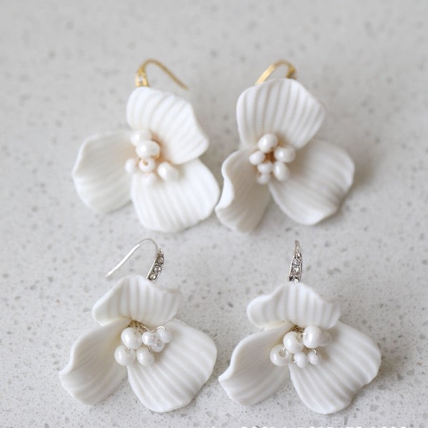 Handcrafted White Ceramic Flower Earrings