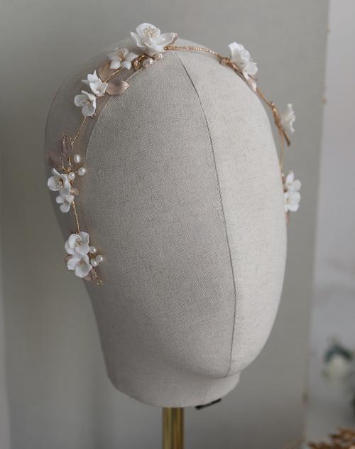 Ceramic Bridal Hair Vine with Rose gold/Silver Leaves