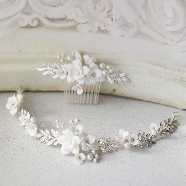 Ceramic Flowers Bridal Set-Silver Leaves