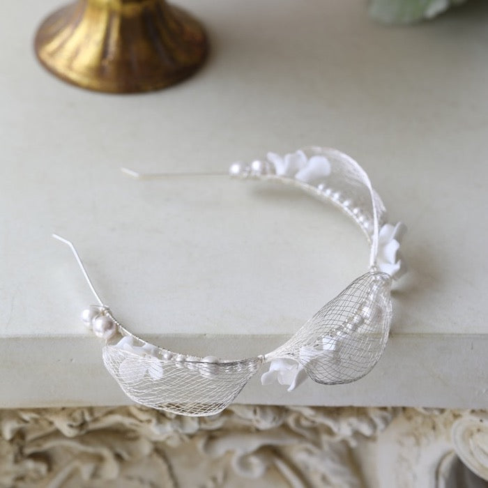 Romantic silver mesh bridal headband-ceramic flowers