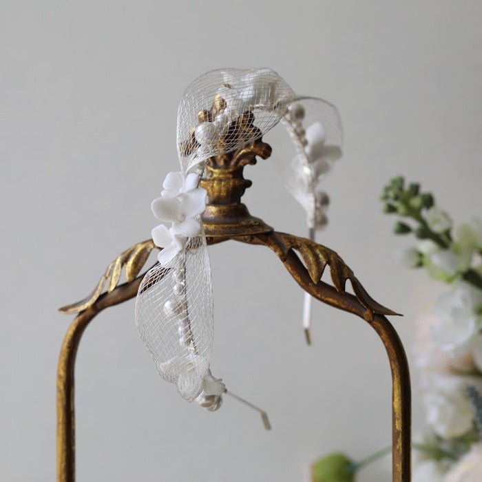 Romantic silver mesh bridal headband-ceramic flowers