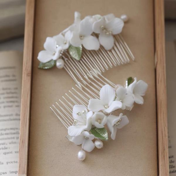 Ceramic Floral Bridal Hairpin-Green leaf