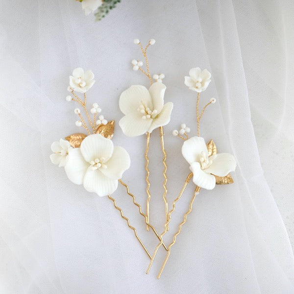 Ceramic Flowers Bridal Hairpins-One set of 3