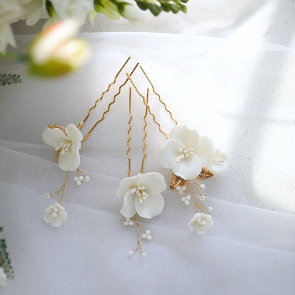 Ceramic Flowers Bridal Hairpins-One set of 3