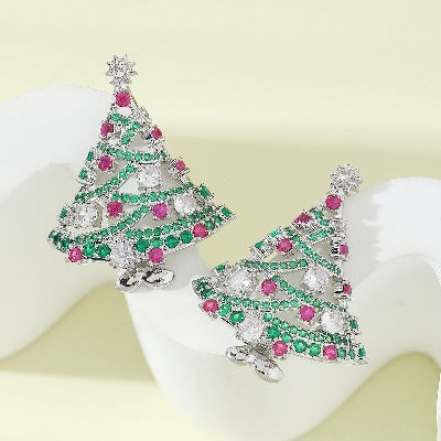 Sparkling Christmas Tree Earrings-Green Stones