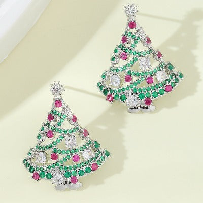 Sparkling Christmas Tree Earrings-Green Stones