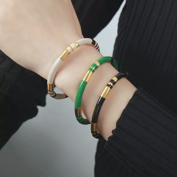 Stackable Enamelled Bangles-White, Black n Green