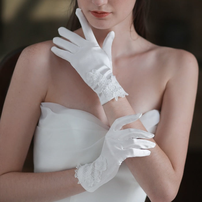 Satin White Bridal Gloves with Lace Flowers