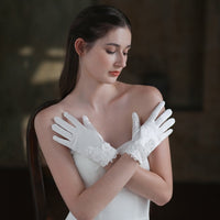 Satin White Bridal Gloves with Lace Flowers