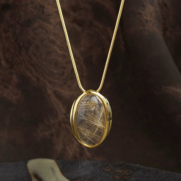 Gold Rutilated Quartz Oval Pendant Necklace