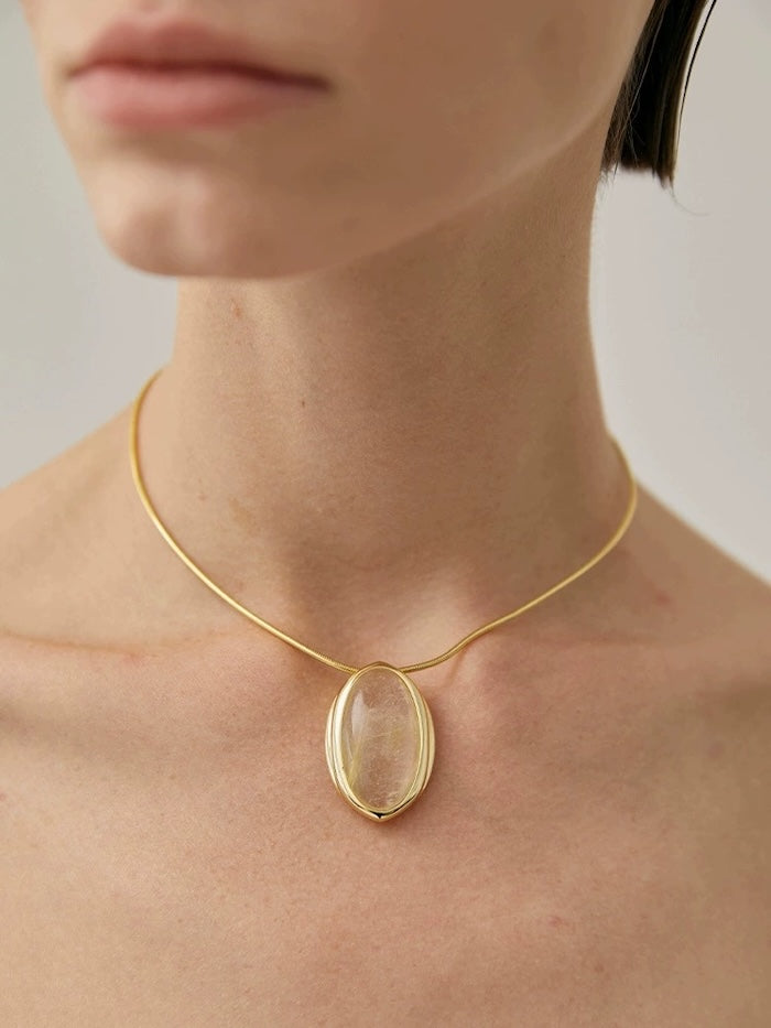 Gold Rutilated Quartz Oval Pendant Necklace