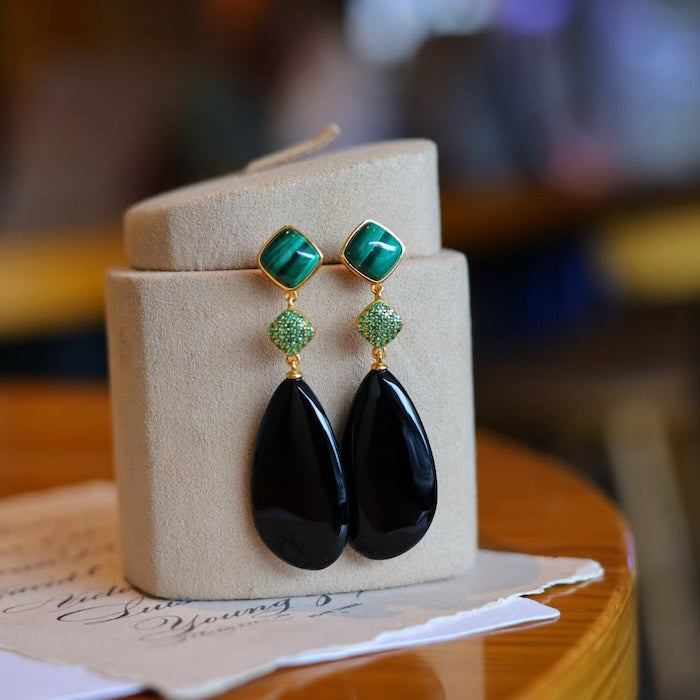 Black Onyx n Malachite Waterdrop Earrings