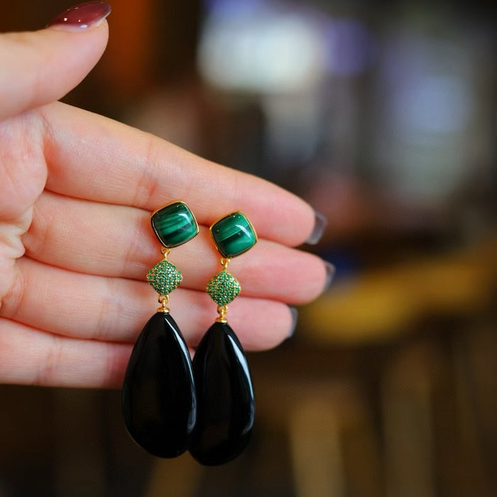 Black Onyx n Malachite Waterdrop Earrings