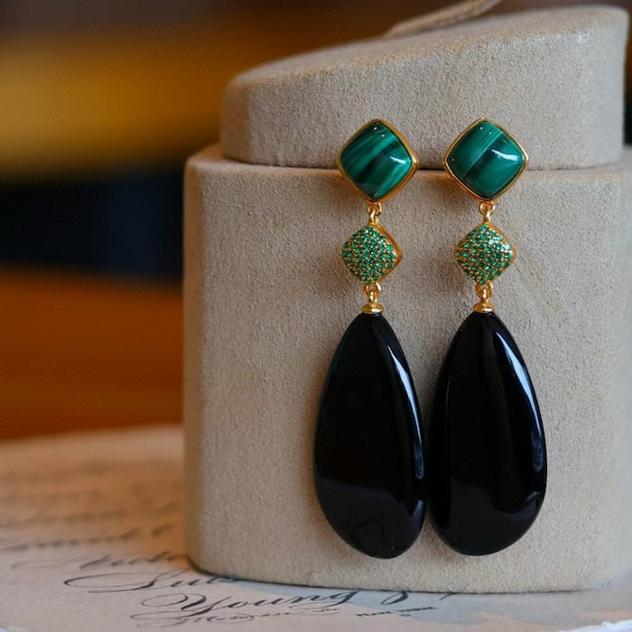 Black Onyx n Malachite Waterdrop Earrings