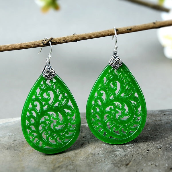 Waterdrop Jade Earrings-Ruyi flower Pattern