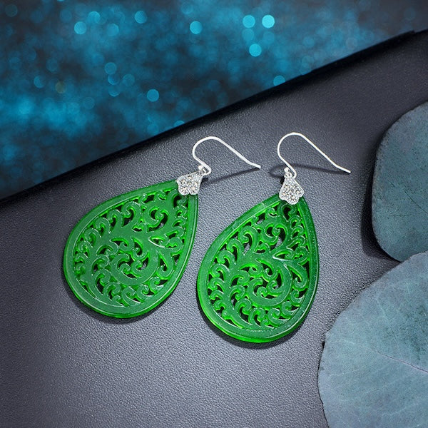 Waterdrop Jade Earrings-Ruyi flower Pattern