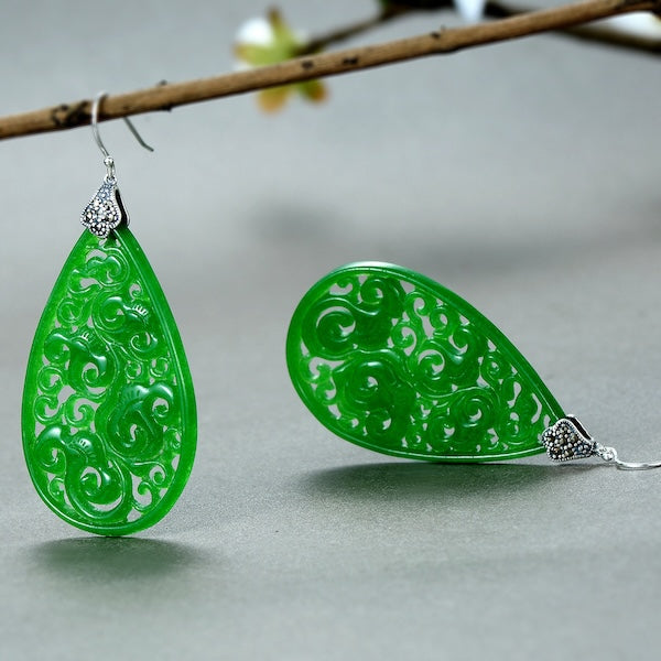 Waterdrop Jade Earrings-Ruyi flower Pattern