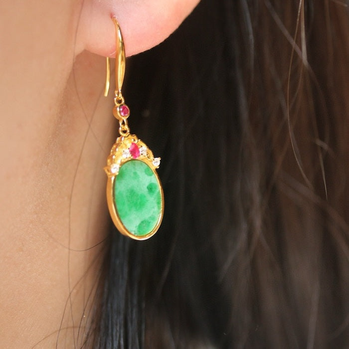 Vintage Style Oval Jade Earrings with Ruby