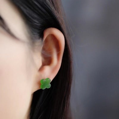 Hetian Jade Lucky Clover Ear Studs-18K gold