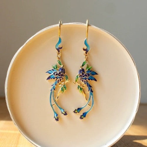 Chinese Royal Cloisonné Earrings-Phoenix n Flower