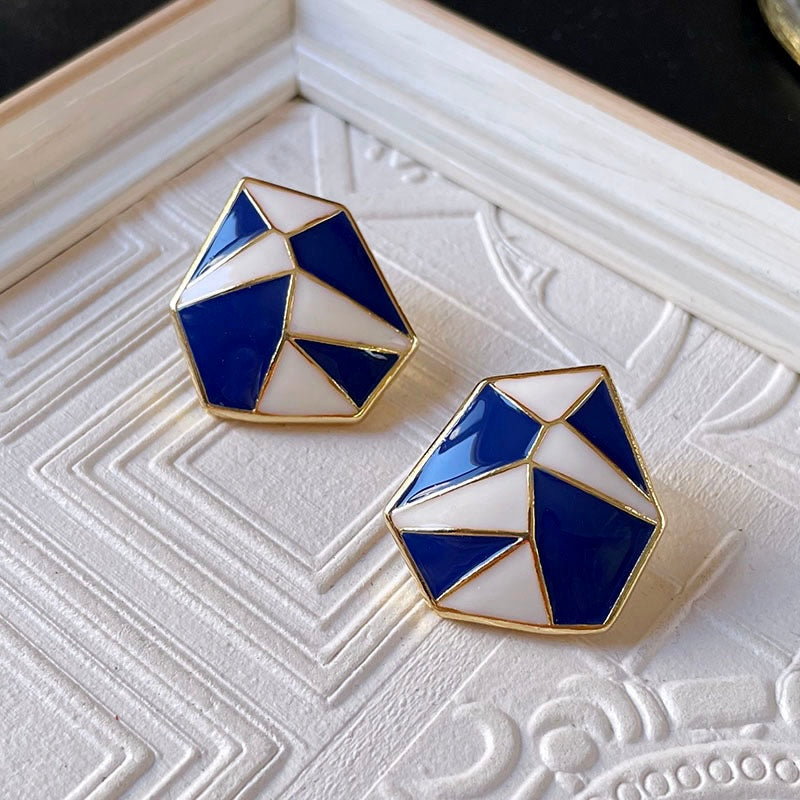 Navy Blue n White Enamel Geometric Earrings