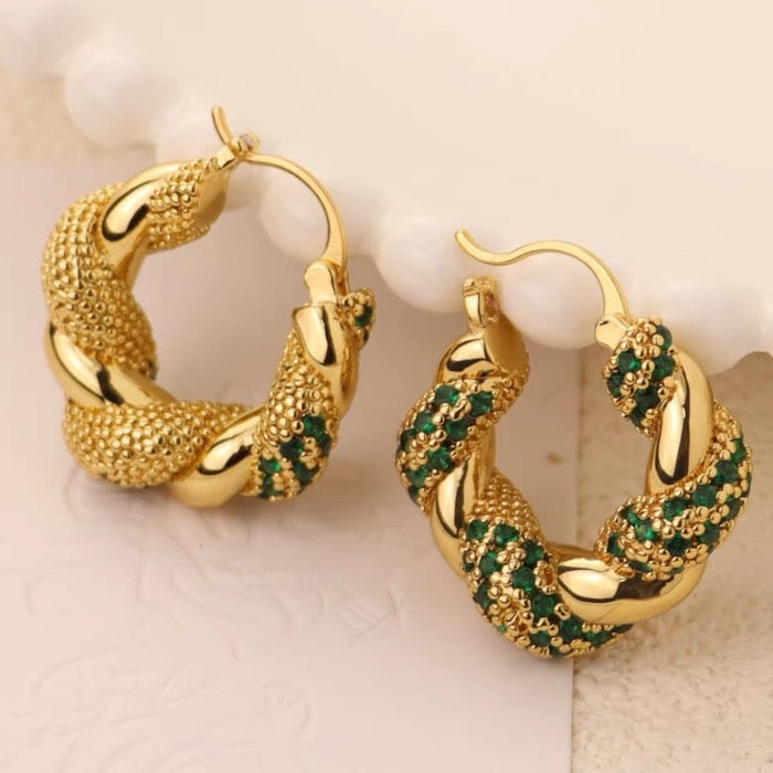 braided hoop earrings - green stones