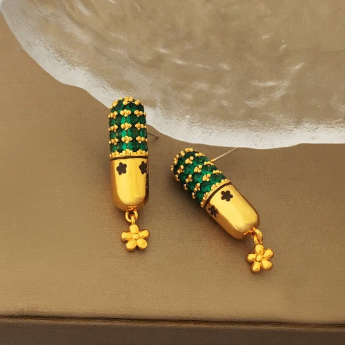 Capsule Design Earrings with Green Stones