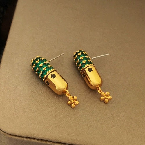 Capsule Design Earrings with Green Stones