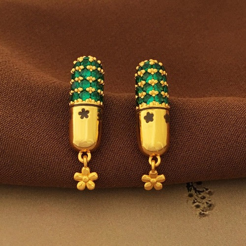 Capsule Design Earrings with Green Stones