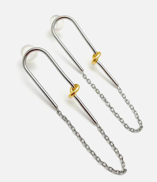 Silver Loop Earrings with a Golden Knot