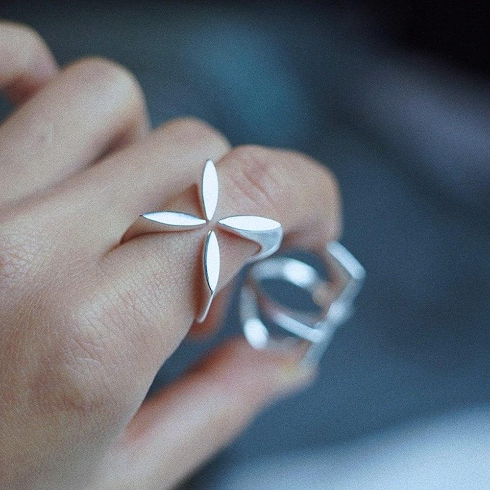 Minimalist Cross Flower Ring-Sterling Silver-Adjustable