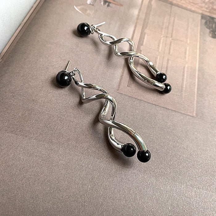 Silver Spiral Line Earrings with Black Stone