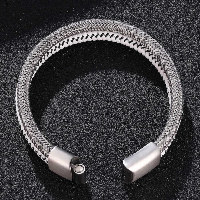 Silver Braided Bracelet-Steel n White Leather