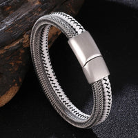 Silver Braided Bracelet-Steel n White Leather