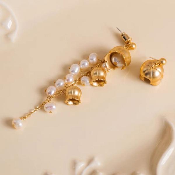 Lily of the Valley Asymmetrical Pearl Earrings
