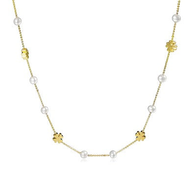 Baby's Breath Freshwater Pearl n Gold-Plated Clover Necklace