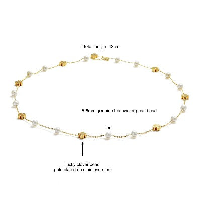 Baby's Breath Freshwater Pearl n Gold-Plated Clover Necklace