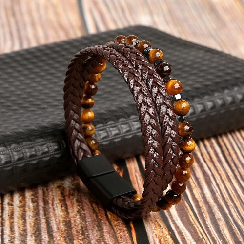 Braided Leather Bracelet with Genuine Stones